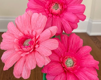 Pink Crepe Paper Daisy Bouquet, First Wedding Gift, Happy Easter Bouquet, Mother’s Day Bouquet, Crepe Paper Flowers. (3 Blooms).