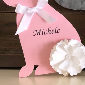 Beautifully handcrafted Easter Bunny Place Cards for your table setting. These table place cards can be personalized with your guests names. Great for Easter Holiday, an upcoming baby shower celebration or a child’s Happy “Bunny” birthday party.