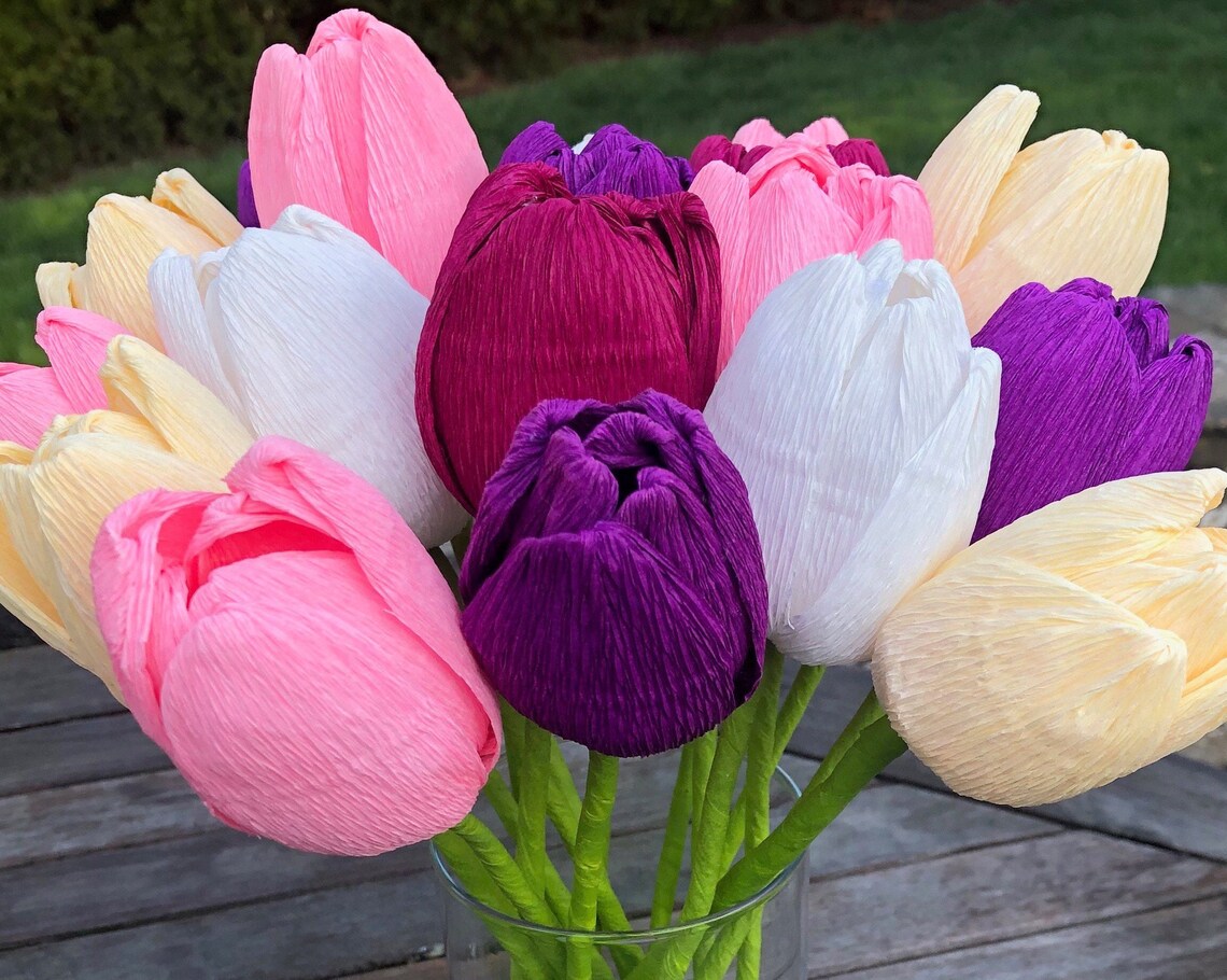 Spring Paper Tulip Flowers Crepe Paper Flower Bouquet Floral Etsy
