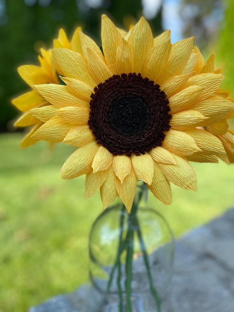 Crepe Paper Sunflowers, Birthday Gift, Mothers Day Bouquet, Yellow Crepe Paper Flowers. 3 Large Blooms. image 2