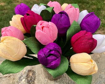 Spring Paper Tulip Flowers, Crepe Paper Flower Bouquet, Floral Arrangement, Happy Mother’s Gift, Happy Easter Bouquet (18 Blooms)