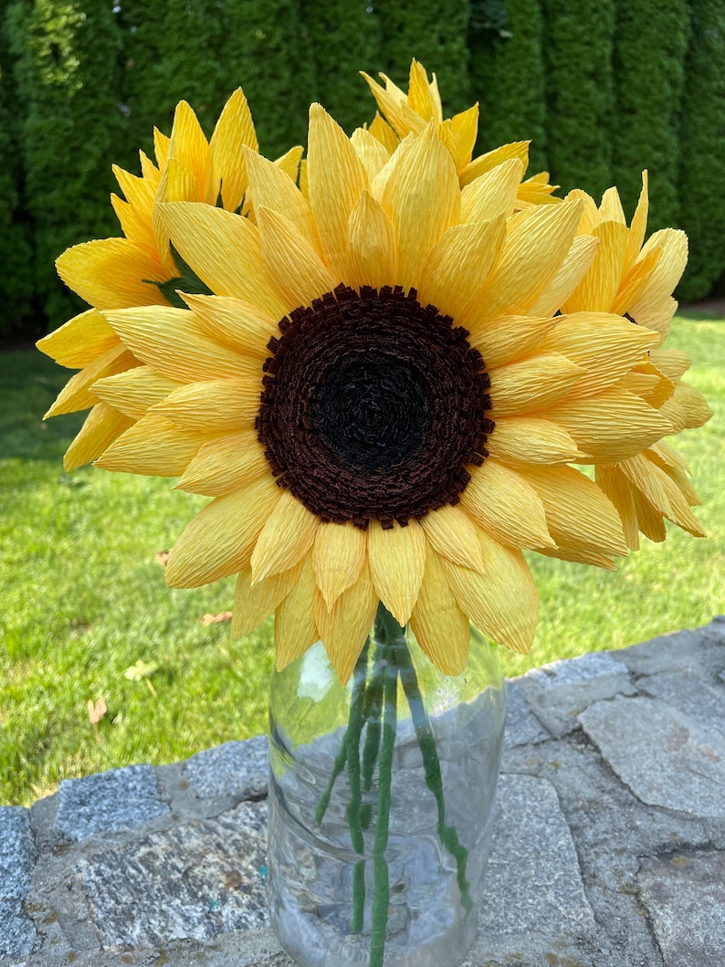 Crepe Paper Sunflowers, Birthday Gift, Mothers Day Bouquet, Yellow Crepe Paper Flowers. 3 Large Blooms. image 5