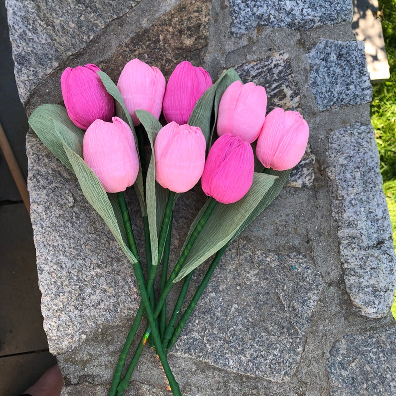 Pink Crepe Paper Tulip Bouquet, Crepe Paper Flowers, Artificial Tulips, Happy Birthday Gift, Happy Anniversary Bouquet. 8 Stems image 7