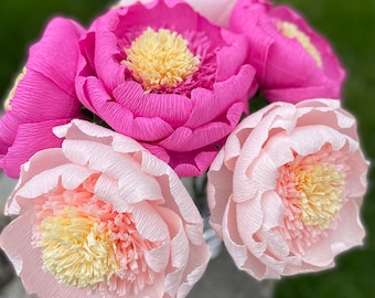 Pink Crepe Paper Peony Bouquet, Mother’s Day Flowers, Happy Birthday Gift, Artificial Peony.  (6 Blooms)