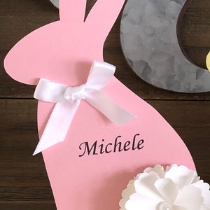 Beautifully handcrafted Easter Bunny Place Cards for your table setting. These table place cards can be personalized with your guests names. Great for Easter Holiday, an upcoming baby shower celebration or a child’s Happy “Bunny” birthday party.