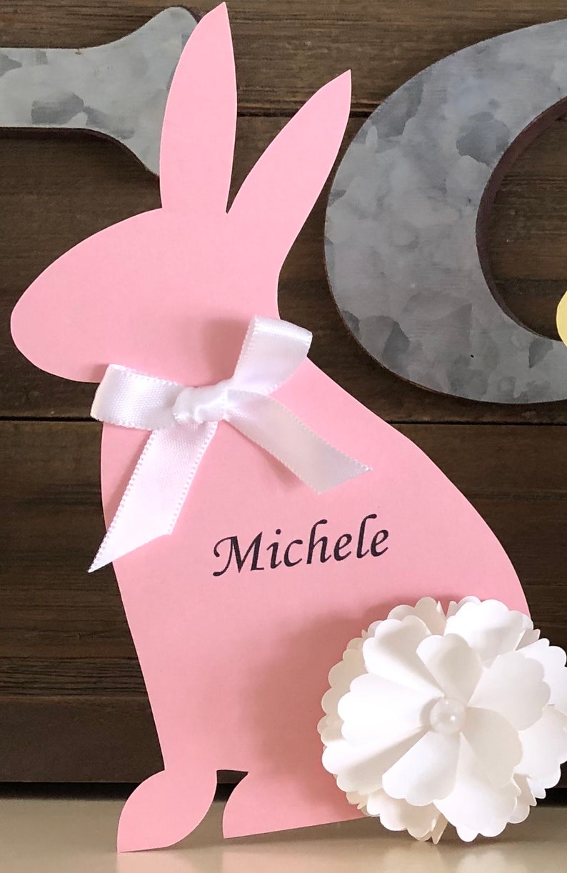 Beautifully handcrafted Easter Bunny Place Cards for your table setting. These table place cards can be personalized with your guests names. Great for Easter Holiday, an upcoming baby shower celebration or a child’s Happy “Bunny” birthday party.