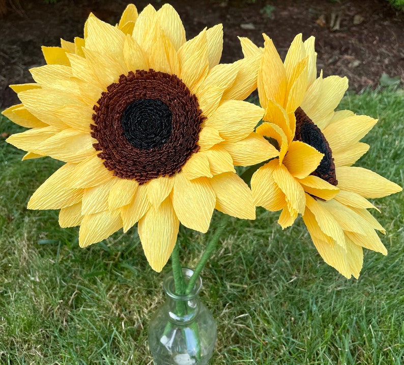 Crepe Paper Sunflowers, Birthday Gift, Mothers Day Bouquet, Yellow Crepe Paper Flowers. 3 Large Blooms. image 3