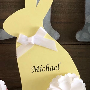 Beautifully handcrafted Easter Bunny Place Cards for your table setting. These table place cards can be personalized with your guests names. Great for Easter Holiday, an upcoming baby shower celebration or a child’s Happy “Bunny” birthday party.