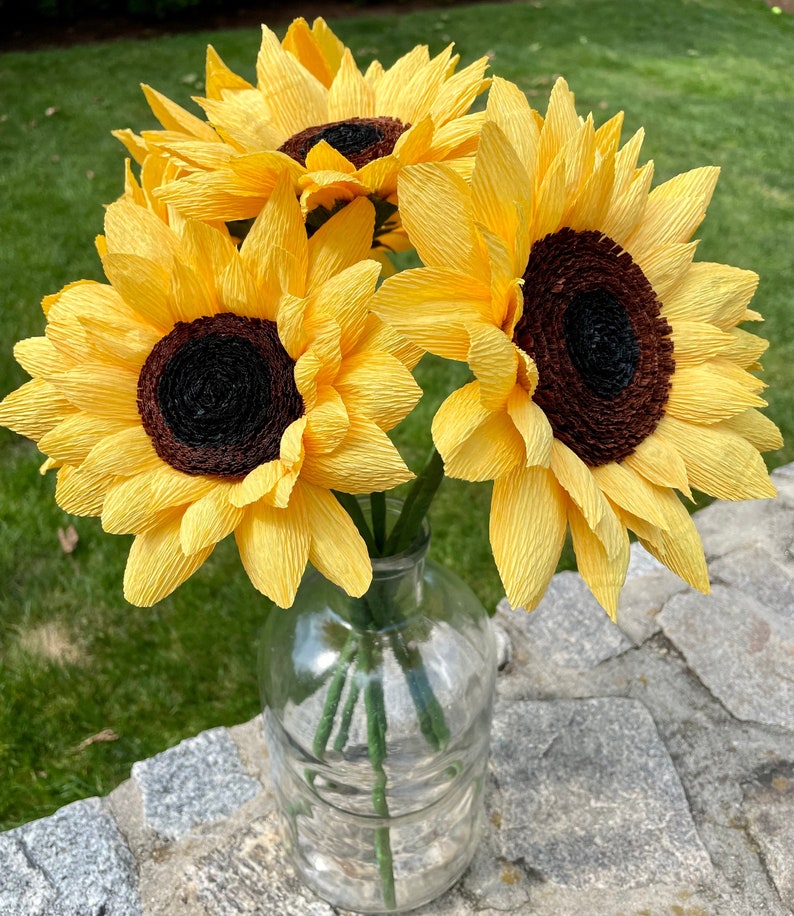 Crepe Paper Sunflowers, Birthday Gift, Mothers Day Bouquet, Yellow Crepe Paper Flowers. 3 Large Blooms. image 1