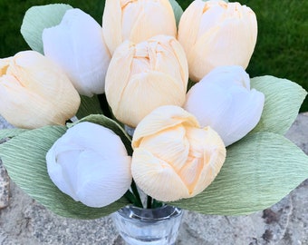 White and Yellow Handmade Paper Tulip Bouquet, Paper Flower Arrangement, Crepe Paper Flowers, Happy Mother’s Day Bouquet. (8 Stems)