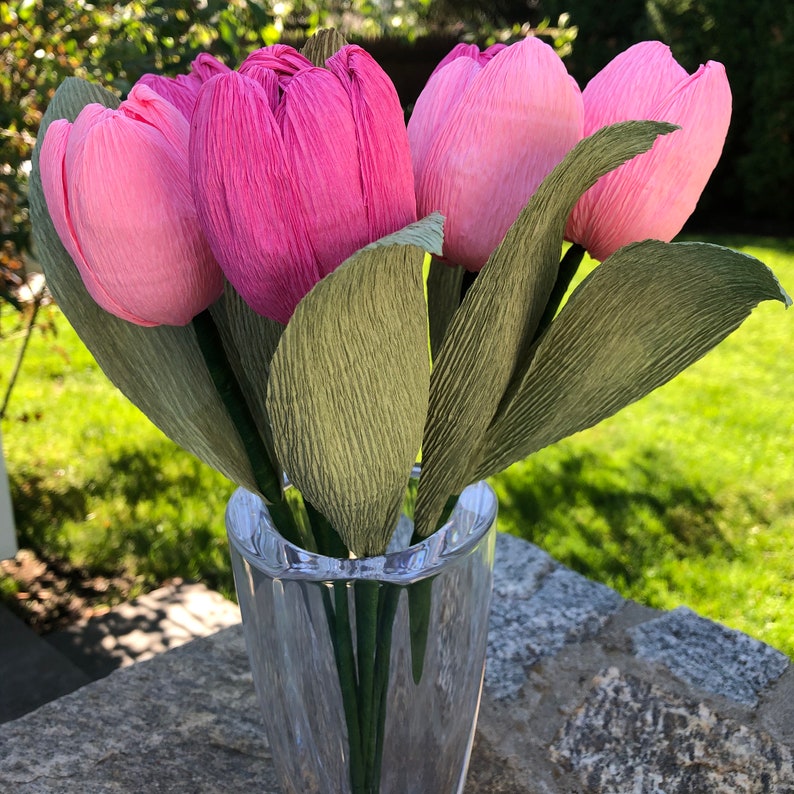 Pink Crepe Paper Tulip Bouquet, Crepe Paper Flowers, Artificial Tulips, Happy Birthday Gift, Happy Anniversary Bouquet. 8 Stems image 8