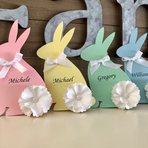 Beautifully handcrafted Easter Bunny Place Cards for your table setting. These table place cards can be personalized with your guests names. Great for Easter Holiday, an upcoming baby shower celebration or a child’s Happy “Bunny” birthday party.