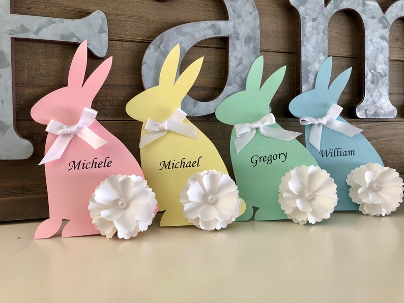 Beautifully handcrafted Easter Bunny Place Cards for your table setting. These table place cards can be personalized with your guests names. Great for Easter Holiday, an upcoming baby shower celebration or a child’s Happy “Bunny” birthday party.