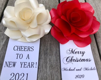 Red and White Christmas Rose Bottle Topper, Happy New Year’s Bottle Tag, Wine Bottle Decor. (Set of 4)