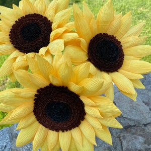 Crepe Paper Sunflowers, Birthday Gift, Mothers Day Bouquet, Yellow Crepe Paper Flowers. 3 Large Blooms. image 6