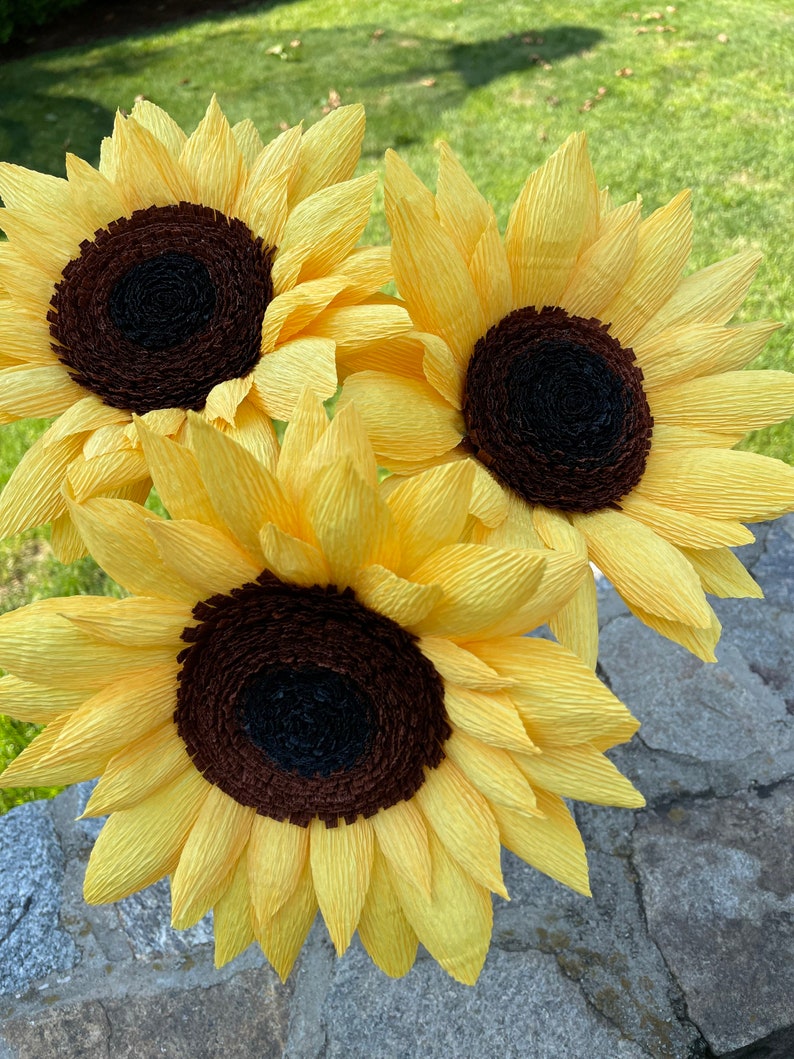 Crepe Paper Sunflowers, Birthday Gift, Mothers Day Bouquet, Yellow Crepe Paper Flowers. 3 Large Blooms. image 6