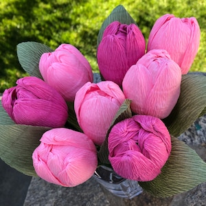 Pink Crepe Paper Tulip Bouquet, Crepe Paper Flowers, Artificial Tulips, Happy Birthday Gift, Happy Anniversary Bouquet. 8 Stems image 1