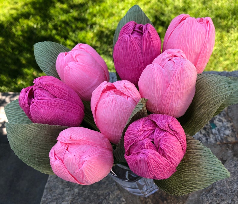 Pink Crepe Paper Tulip Bouquet, Crepe Paper Flowers, Artificial Tulips, Happy Birthday Gift, Happy Anniversary Bouquet. 8 Stems image 1