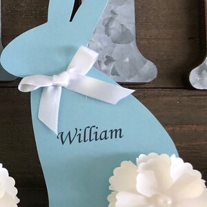Beautifully handcrafted Easter Bunny Place Cards for your table setting. These table place cards can be personalized with your guests names. Great for Easter Holiday, an upcoming baby shower celebration or a child’s Happy “Bunny” birthday party.
