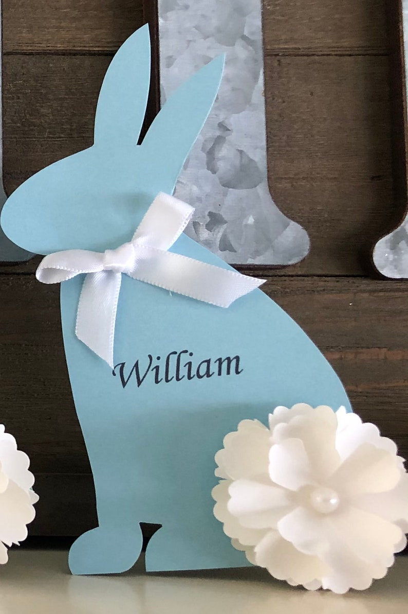Beautifully handcrafted Easter Bunny Place Cards for your table setting. These table place cards can be personalized with your guests names. Great for Easter Holiday, an upcoming baby shower celebration or a child’s Happy “Bunny” birthday party.