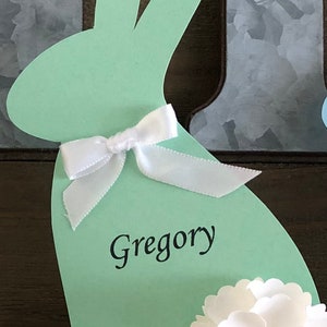 Beautifully handcrafted Easter Bunny Place Cards for your table setting. These table place cards can be personalized with your guests names. Great for Easter Holiday, an upcoming baby shower celebration or a child’s Happy “Bunny” birthday party.