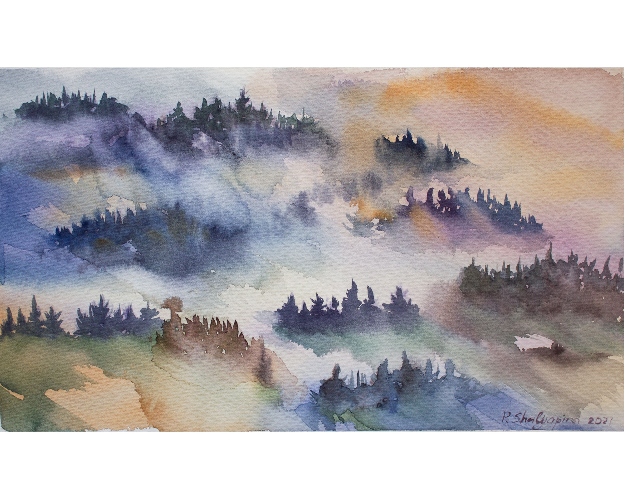 Foggy Forest Painting Landscape Watercolor Original Art Misty Etsy