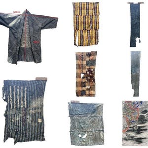 May include: A collection of vintage textile fragments and a dark blue striped jacket with a 128cm width measurement. The items include various rectangular fabric pieces featuring plaid, striped, and floral patterns, some with visible wear and frayed edges.