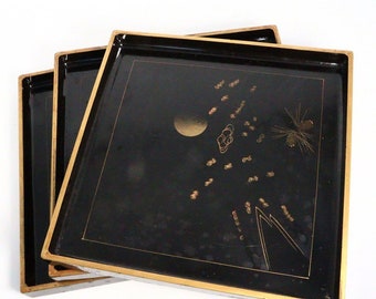 Japanese Meiji wooden Tray 3 set Gold Makie Pinecone design Black lacquer WBX122