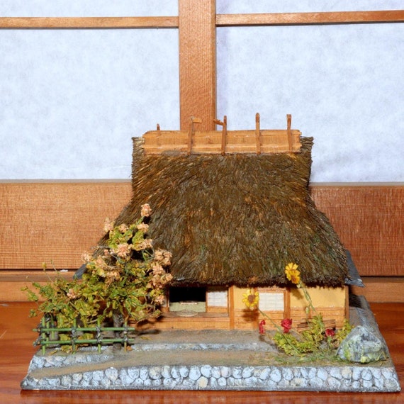 Japanese Wooden 3 Miniature Old Folk House & Mikoshi Ornament 