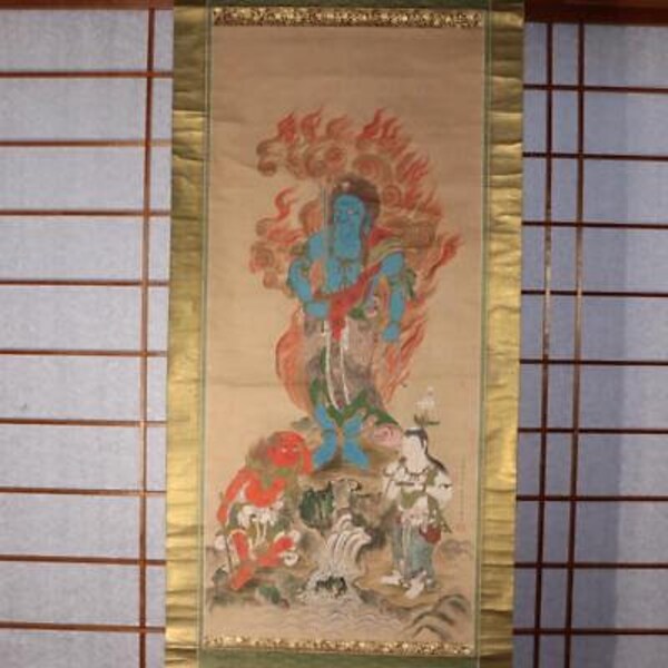 Japanese Antique Blue Acala Kakejiku hanging scroll Buddhist Fudo Myo ASO294