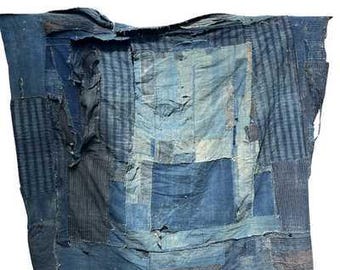 Antiker authentischer japanischer Boro-Stoff, Indigo gepatchte Sashiko-Baumwolle - seltene Wabi-Sabi-Stoffe