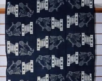 Antique Japanese Cotton Kasuri Fabric with Indigo Blue Hawk Design and Sashiko Structure – Rare Boro Textile Material BRKW98