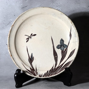 Antique Bakumatsu Seto Ware Ceramic Plate Iris Dragonfly Pattern Handpainted Blue and White Pottery Japanese Plate / Japanese Antiques