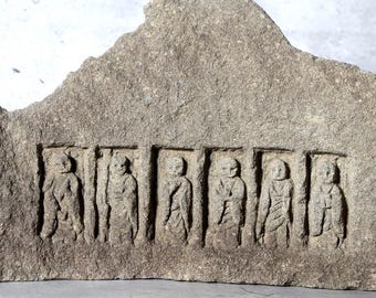 Antik japansk stenhuggning Roku Jizo, sex skyddsgudar buddhistisk skulptur, zenträdgårdsprydnad