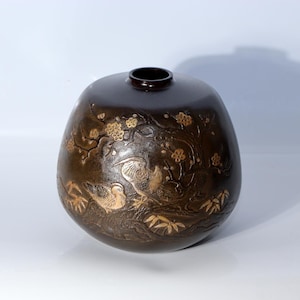 龍泉製高岡銅花瓶、オシドリ梅竹模様 – 希少な大正様式生け花／銅花瓶 日本 BV760