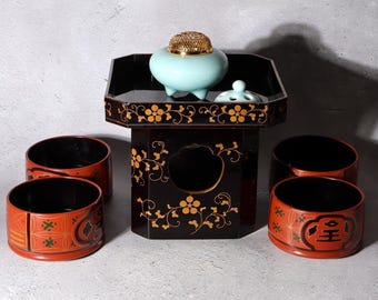 Japanese Buddhist Altar Incense Celadon Koro Burner with Maki-e Sanbo Stand & Bowls – Sacred Urushi Ritual Offering Set