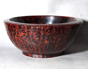 Japansk vintage stor Aizu lackerad träskål, spräcklig röd och svart Negoro-stil, Wabi Sabi heminredning / Asiatisk konst