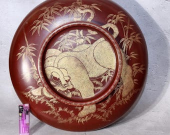 Antica ciotola giapponese in lacca di grandi dimensioni con coperchio, motivo Neko Tora (tigre e bambù) – Rara forma Wabi Sabi dell'era Edo Meiji WO602 / Antiquariato giapponese