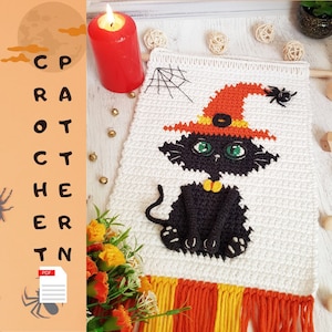 Halloween crochet pattern wall hanging dark cat