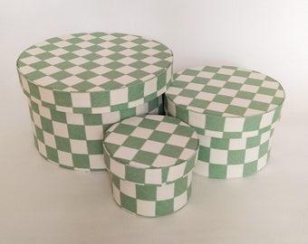 Set of 3 green hat box for storage, Checkerboard mid century modern room decor.