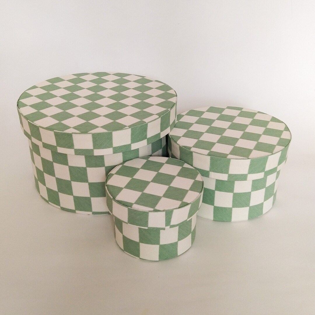 Set of 3 Green Hat Box for Storage, Checkerboard Mid Century Modern