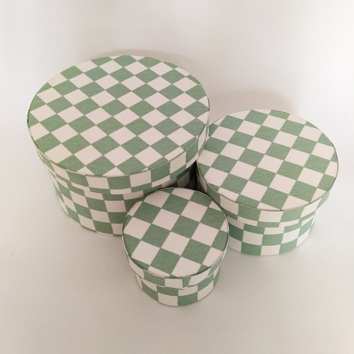 Set of 3 Green Hat Box for Storage Checkerboard Mid Century Etsy