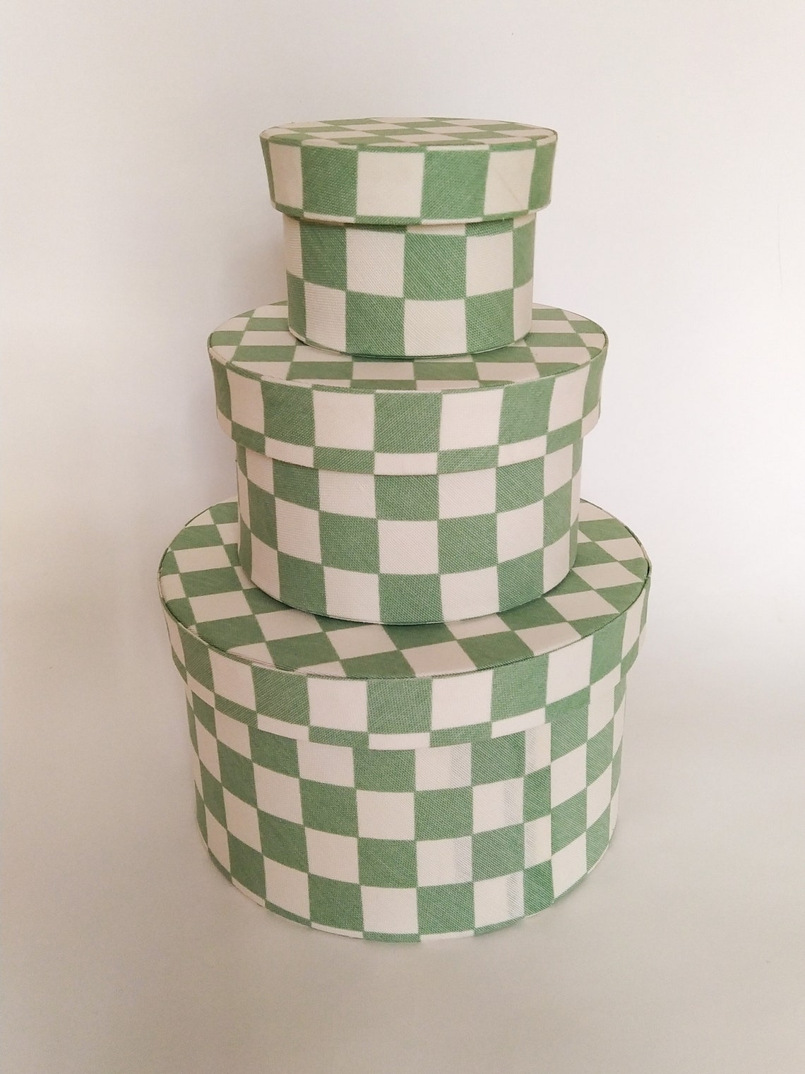 Set of 3 Green Hat Box for Storage Checkerboard Mid Century Etsy