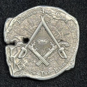 Doubloon style Pirate Challenge coin with Freemason Masonic symbolism, 2&quot;, Antique silver