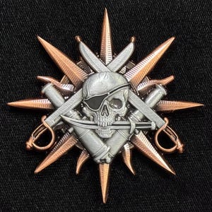 Può includere: Un emblema metallico dettagliato con un teschio con benda sull'occhio, spade incrociate e cannoni. Il design include toni rame e argento, con elementi appuntiti che si irradiano verso l'esterno, creando un effetto a stella. Tema pirata.