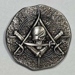 NEW UPDATED DESIGN! Piece of Eight style Pirate Challenge coin with Freemason Masonic symbolism, 1.75&quot;, Antique Silver