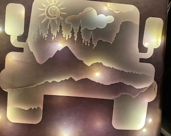 Lightbox SVG Layered shadowbox Jeep wrangler silhouette Mountain view trail ride paper art for cricut project png