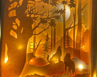 3D SVG Wolves in Wilderness layered file perfect for fairy lights and a Shadowbox digital download do it yourself