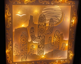 3D SVG | Southwest Wall Art Shadowbox | Saguaro Cactus Mandala Desert Design | Cactus Svg, Png, Eps, Dxf paper craft art project