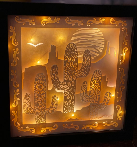 Southwest Wall Art SVG | 3D Saguaro Cactus Shadowbox | Desert Decor Paper Craft